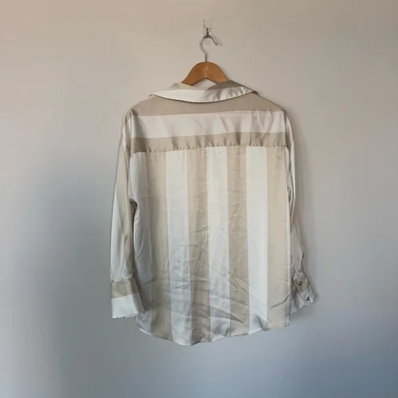 ZARA SATIN OVERSIZED Striped Flowy V-Ndck Button Up SHIRT SAND BEIGE 2562/162 - Picture 9 of 13
